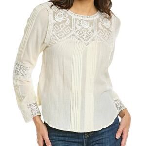 SEA NY Embroidered Blouse 100% Cotton Long Sleeve Pleated Scoop Neck Cream 0